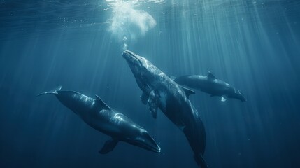 Fototapeta premium Whales glide elegantly through serene blue waters, illuminated by sunlight filtering down from above
