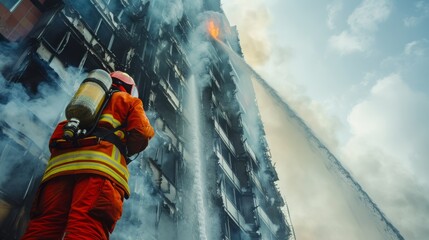 A firefighter fights against flames and heavy smoke while working to extinguish a large fire in a high-rise building