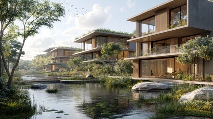 Obraz premium An eco-friendly coastal development with zero carbon buildings, renewable energy systems, and resilient design features.