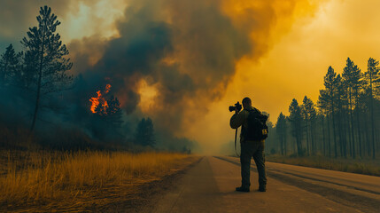 Photographer Capturing Wildfire in Forest with Dense Smoke