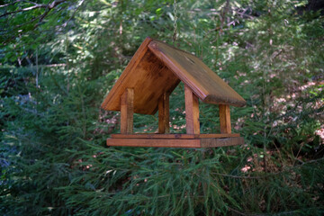 Wooden bird feeder hanging in forest, side view