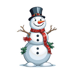 Cheerful Snowman with Black Hat and Red Scarf