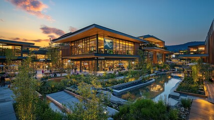Obraz premium An eco-friendly shopping center with zero carbon architecture, featuring solar power, green roofs, and natural lighting.