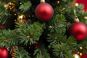 Obraz premium A close-up view of a Christmas tree, showcasing detailed textures of green needles, twinkling lights, and festive ornaments. The background emphasizes the warmth and joy of the holiday season
