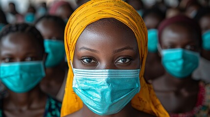A large crowd of people wearing masks at a public health event, with banners promoting awareness and prevention of Monkeypox.