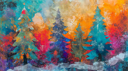 Abstract Winter Forest Landscape, Colorful Impressionist Painting, Christmas Theme