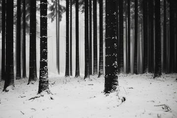 Snow-Covered Forest in Winter with Dense Tree Trunks and Fog