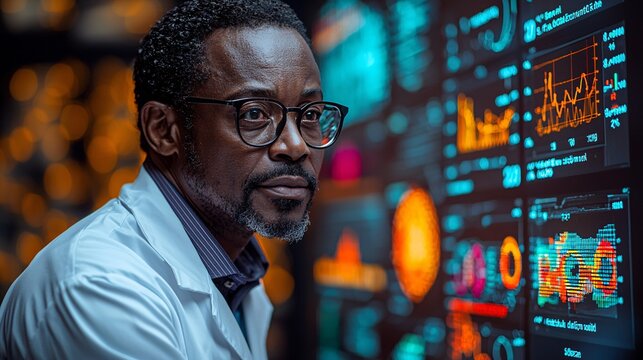 A health official giving a press conference about Monkeypox, standing in front of an informative digital screen with graphs and statistics.