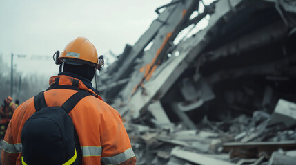 Fototapeta premium Rescue Worker Surveying Rubble After Building Collapse During Disaster Response