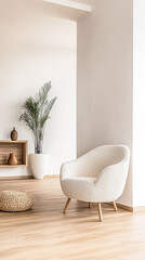Minimalist living room interiors with neutral tones and elegant simplicity. Residential interior design composition with copyspace.