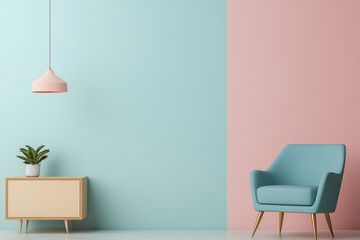 Fototapeta premium Minimalist Interior with Blue Armchair, Wooden Cabinet, and Pendant Light Against Pastel Pink and Blue Walls with Copy Space