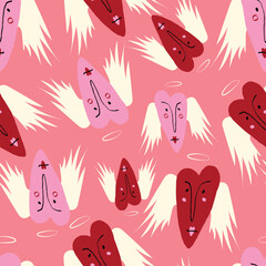 Bright Valentines Day seamless pattern with cool angels hearts. Valentine characters background