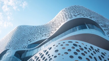 Urban building with dynamic facades that adjust to sunlight and temperature, demonstrating advanced climate-responsive technology.