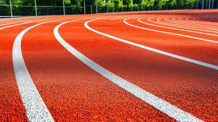 Close-Up of Curved Red Running Track Lanes in Sunlit Outdoor Stadium with Copy Space