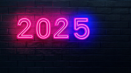 Obraz premium 2025 neon number electric noir sign on brick wall background hot pink exciting nightlife urban city noir energy success celebration victory New Year concept New Years Eve party destination address