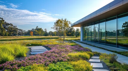 Fototapeta premium Zero carbon corporate headquarters with advanced energy-efficient technologies, green roofs, and solar panels.