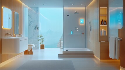 A smart bathroom where a person enjoys a fully personalized spa experience, with temperature-controlled water, aromatherapy, and health tracking.
