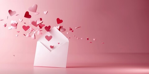Paper craft envelope and Valentines hearts on a pink pastel background.