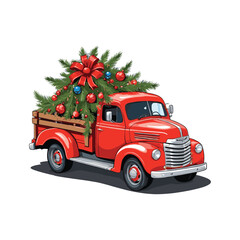Vibrant Red Truck with Christmas Tree and Ornaments