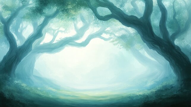 A painting of a forest with trees and a path