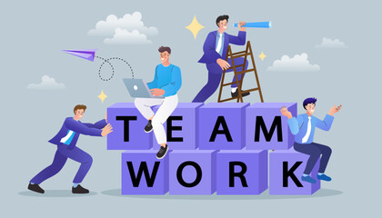 Group of business people building the word teamwork with giant purple blocks. Men working together with telescope and laptop. Corporate collaboration and strategy concept illustration.