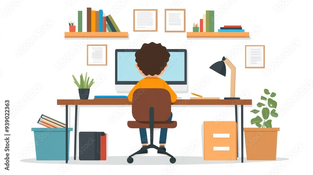 Poster A boy is sitting at a desk with a computer monitor and a keyboard