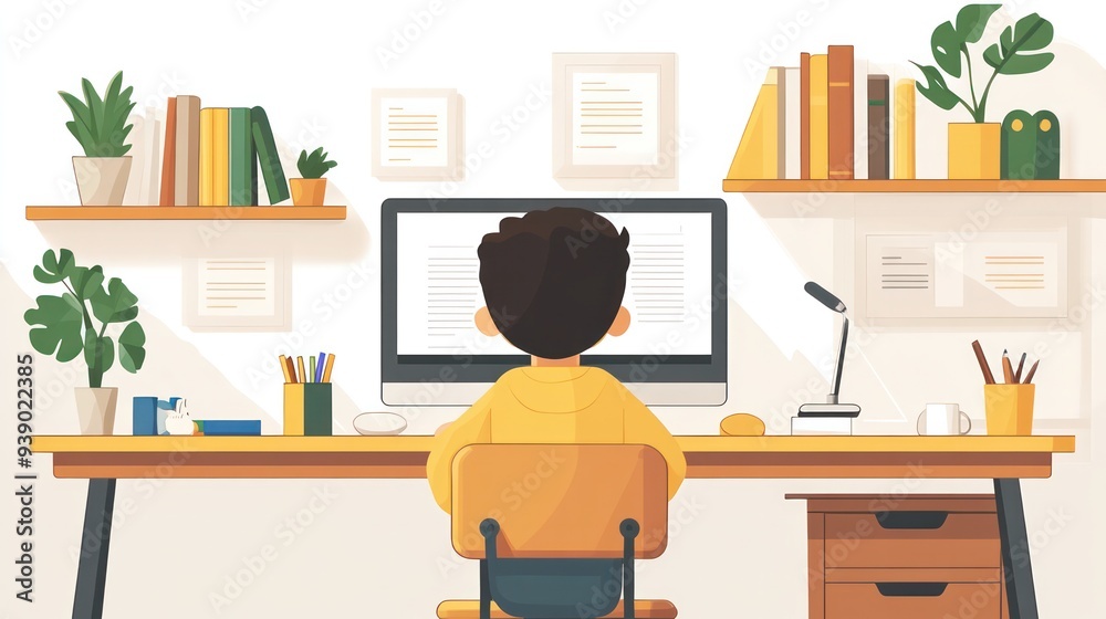 Poster A boy is sitting at a desk with a computer monitor in front of him