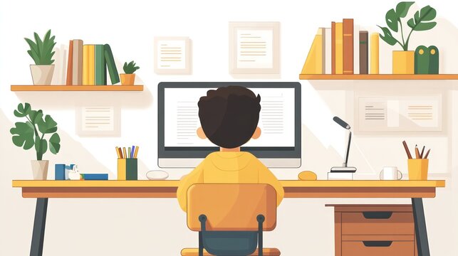 A boy is sitting at a desk with a computer monitor in front of him