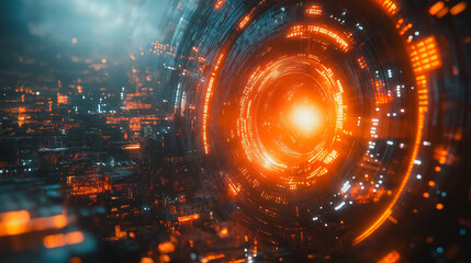 A glowing orange circle with a city in the background. The city is lit up with neon lights and the circle is surrounded by a bright orange glow. The image gives off a futuristic and otherworldly vibe