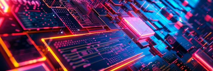 wavy background with digital pixels, circuit board patterns and colorful icons symbolizing innovation and progress