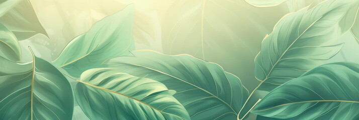 Subtle tropical leaf pattern, elegant summer background, muted green and gold tones