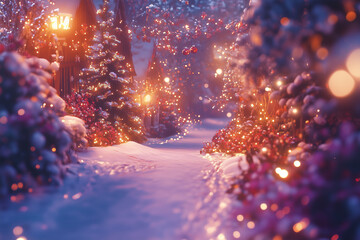 Naklejka premium Enchanted Snowy Christmas Village Path