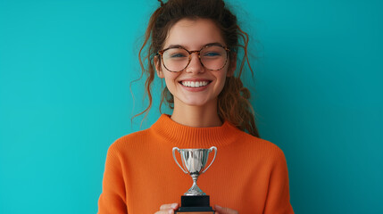 Joyful woman with glasses holds trophy, beaming with pride. Concept of achievement and success.