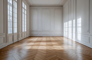 Obraz premium Elegant Empty Room with White Walls and Parquet Flooring