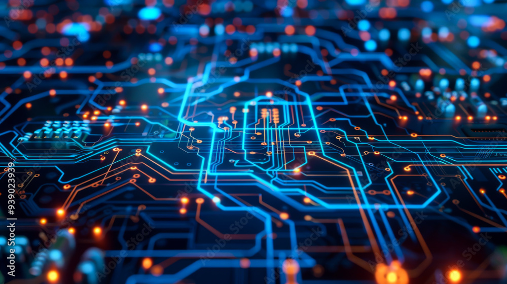 Poster a computer chip is shown in a blue and orange color scheme. the chip is made up of many small square