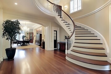 Elegant Hardwood Foyer with Grand Curved Staircase and White Banister