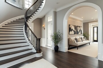 Elegant Modern Home Foyer with Curved Staircase and Arched Entryway