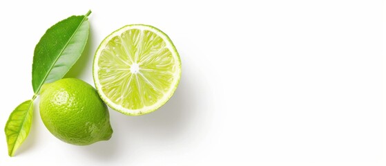 A lime is sliced in half and rests on a white background