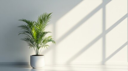 Fototapeta premium A potted palm tree in a white room with sunlight streaming through a window, casting shadows on the wall.
