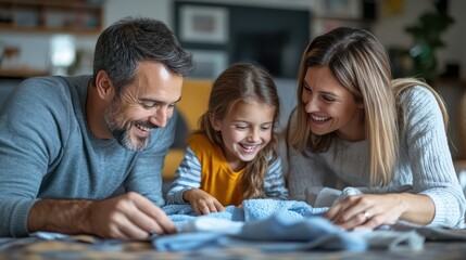 Fototapeta premium A family folding towels together in the living room, chatting and laughing as they effortlessly complete the task.