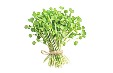 Illustration of bundle of fresh microgreens tied with twine, on a white background. Concept of healthy eating, fresh produce and vegan