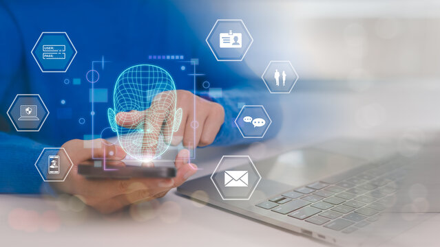 Deepfake concept matching facial movements. Face swapping or impersonation. AI video editing technology. The face of a person in the editor. Machine learning concept. Fraud picture swap.