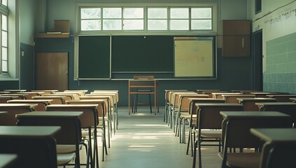 Empty Classroom with Desks, Chairs, and Chalkboard