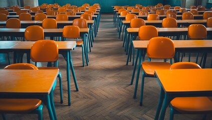 Empty Classroom with Orange Chairs and Wooden Floor