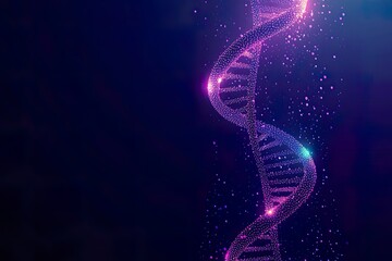 A glowing DNA double helix with vibrant particles in the background.