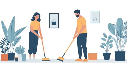 Two people are cleaning a room with a broom