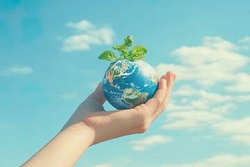 A hand holding a globe with a plant, symbolizing environmental care.