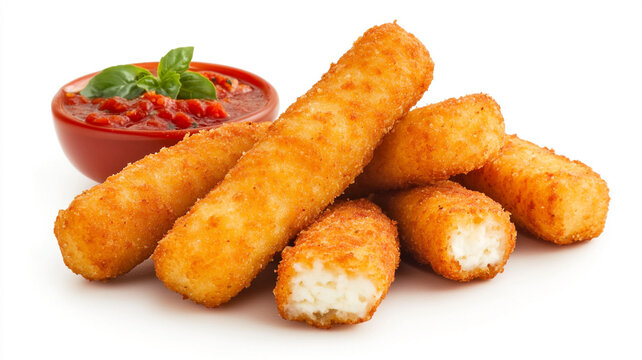 Crispy mozzarella sticks served with rich marinara sauce on a clean, bright background enticing the perfect snack or appetizer