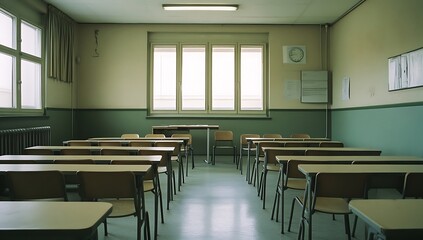 Empty Classroom with Rows of Desks and Chairs2