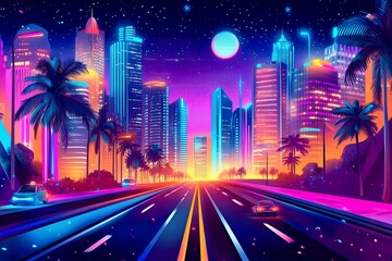 Vibrant cityscape at sunset with neon colors and palm trees.
